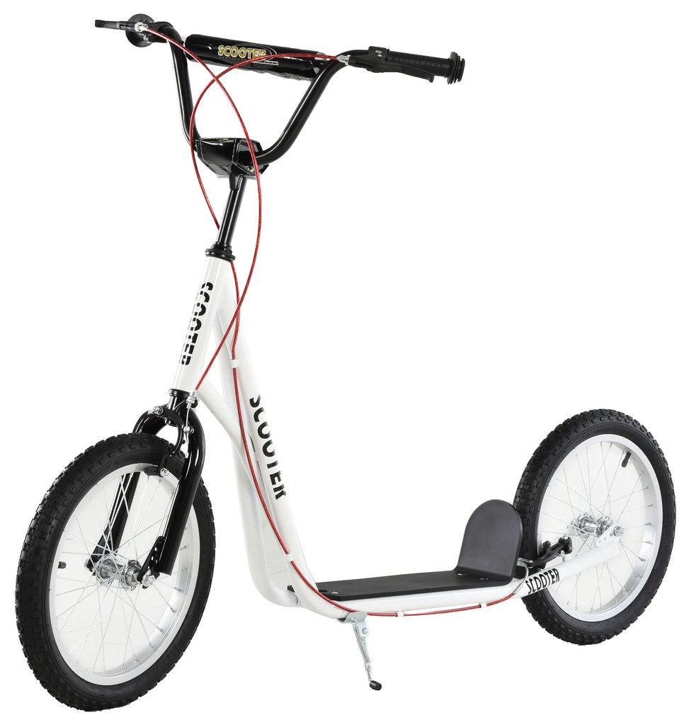 HOMCOM Trotinete com Guiador Ajustável 2 Pneus de Borracha Insufláveis com Travagem Dupla e Rodas 16" 139x58x90-96 cm Branco | Aosom Portugal