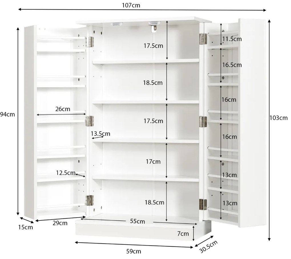 Armario de cozinha Despensa com porta dupla e prateleiras ajustáveis 59 x 30,5 x 103 cm Branco