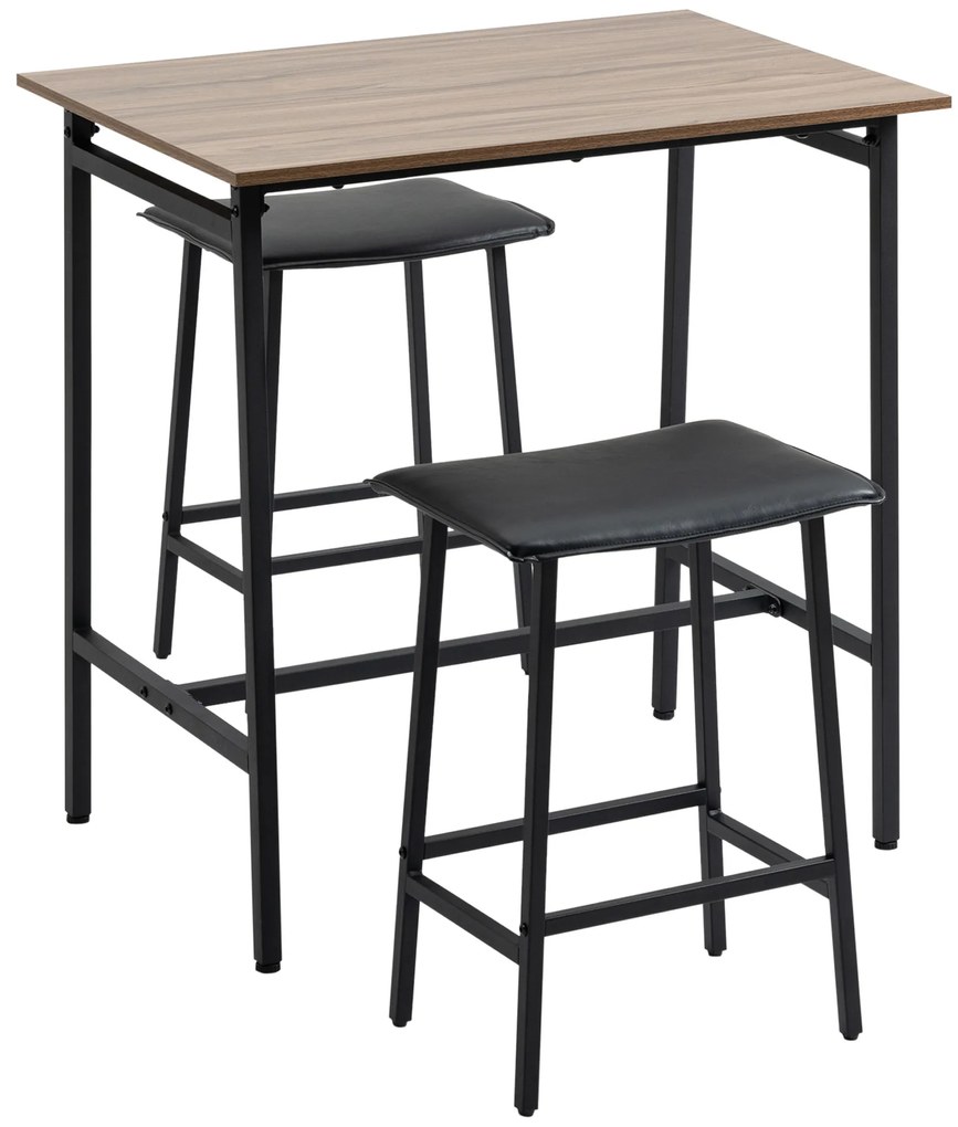 HOMCOM Conjunto de Mesa Alta e 2 Bancos com Assento Estofado em Couro PU e Apoio para os Pés 90c60x91 cm e 45x34x91cm Preto e Madeira | Aosom Portugal