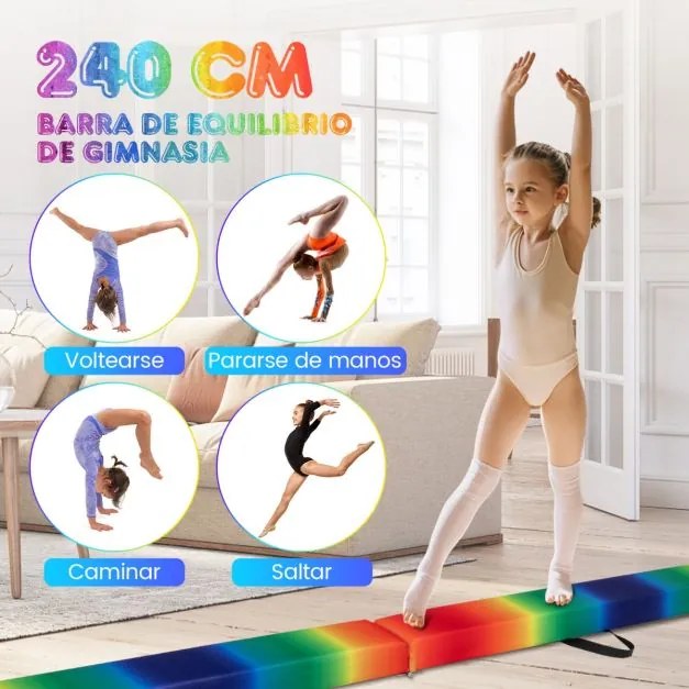 Barra de equilíbrio ginástica para crianças de 240 cm, dobrável com alça de transporte, colorida.