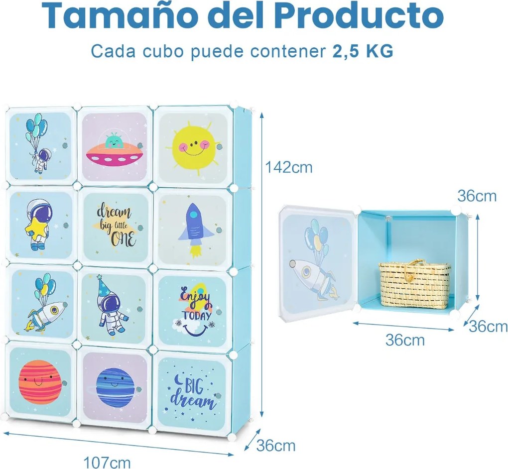 Armário Modular Infantil "Astrid" - 12 Cubos com 2 Secções de Pendurar
