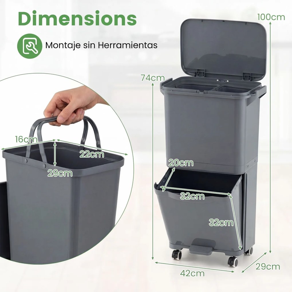 Caixote do lixo de 36 litros com 2 cubos e autocolantes para triagem de lixo 42 x 29 x 74 cm (C x L x A) Contentor de resíduos com rodas, modelo unive