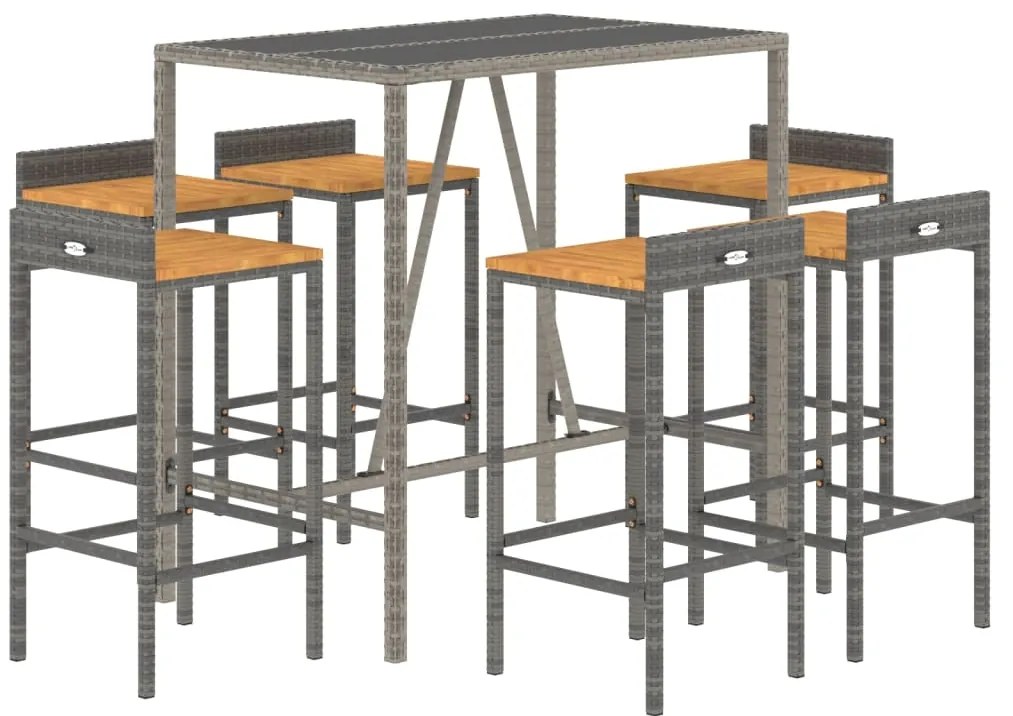 7 pcs conjunto de bar p/ jardim vime PE/acácia maciça cinzento