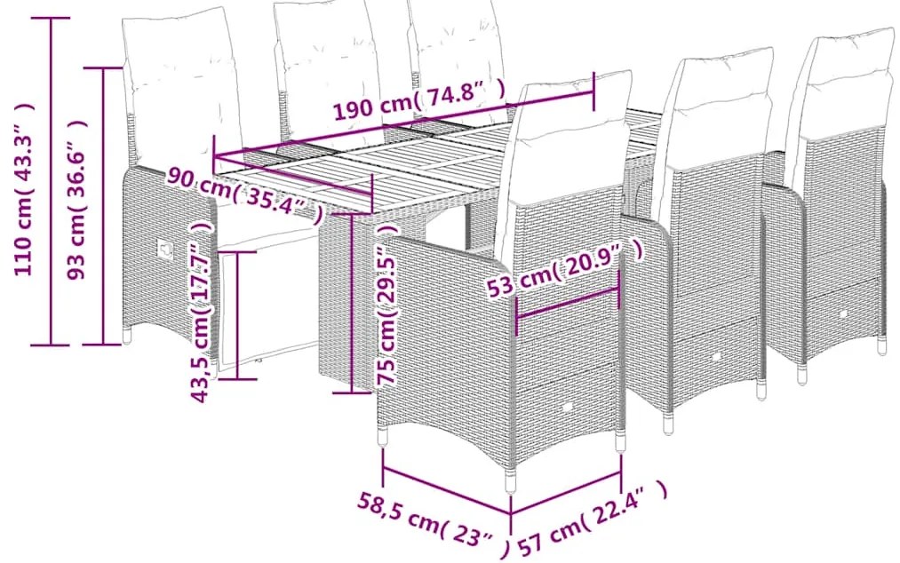 7 pcs conjunto de bistrô p/ jardim c/ almofadões vime PE preto