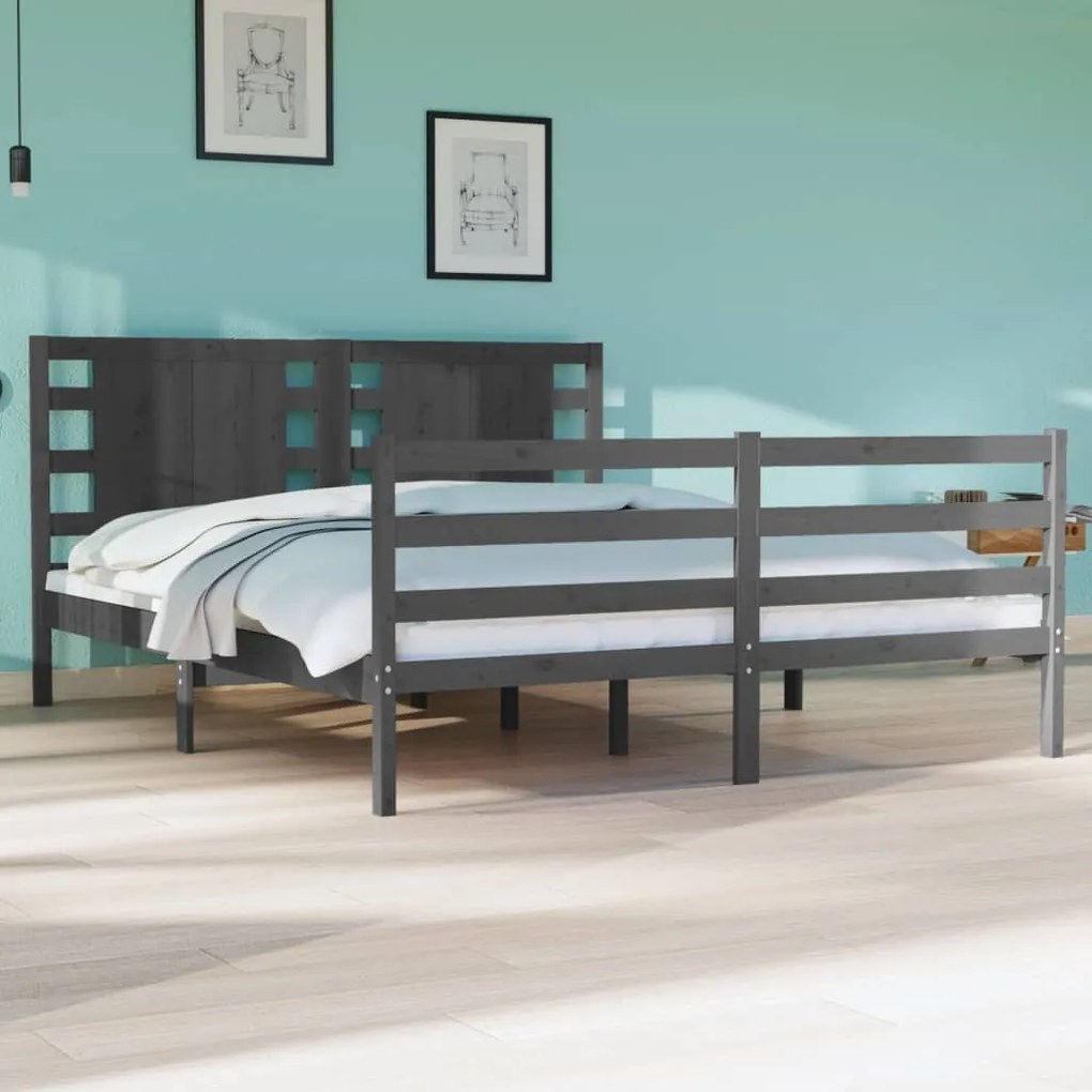 vidaXL Estrutura de cama casal 135x190 cm pinho maciço cinza