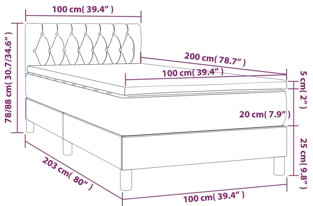 Cama box spring c/ colchão/LED 100x200 cm veludo verde-escuro