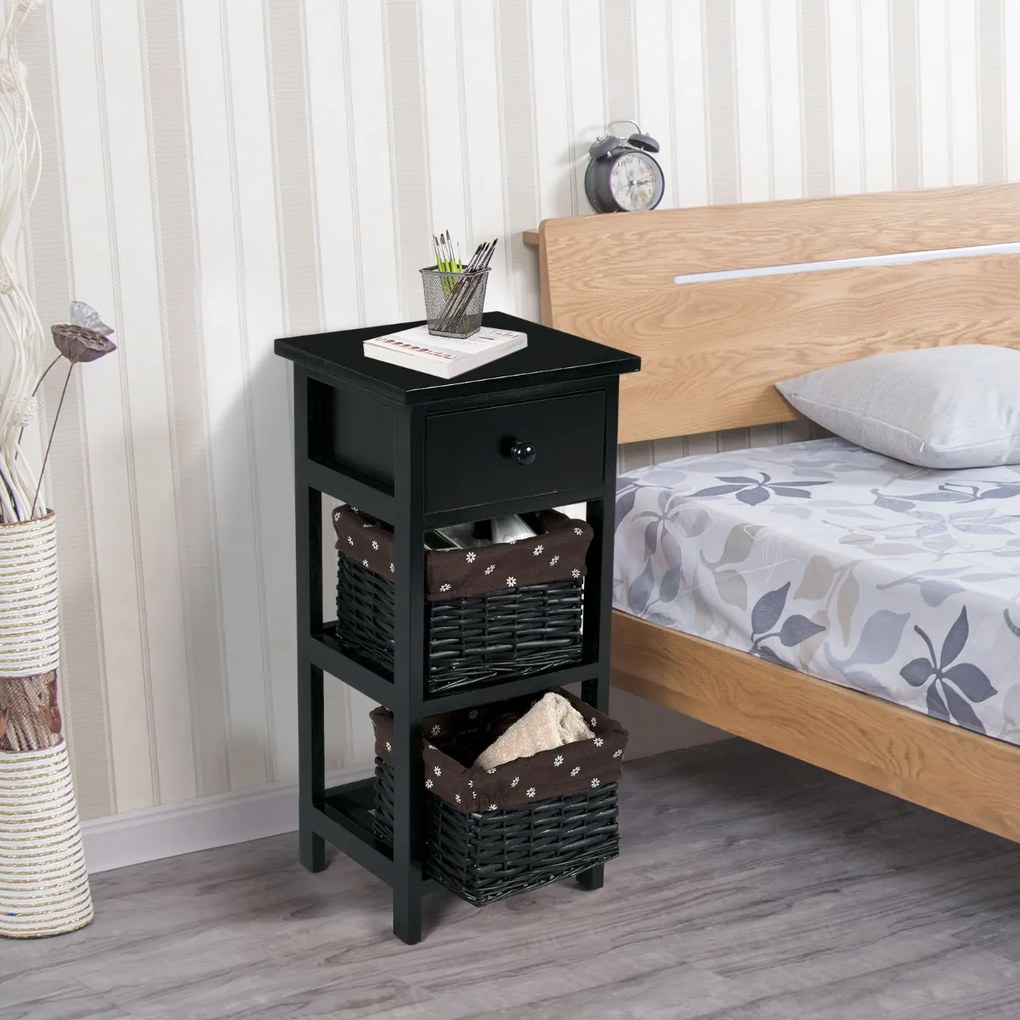 Conjunto de 2 mesas de cabeceira modernas com 1 gaveta e 2 caixas organizadoras para casa sala quarto  28 x 26 x 59,5 cm preto