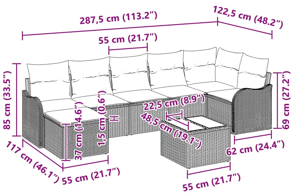 Conjunto de Sofá Jardim 7 peças vidaXL com Almofadas Vime PE Marrom, S