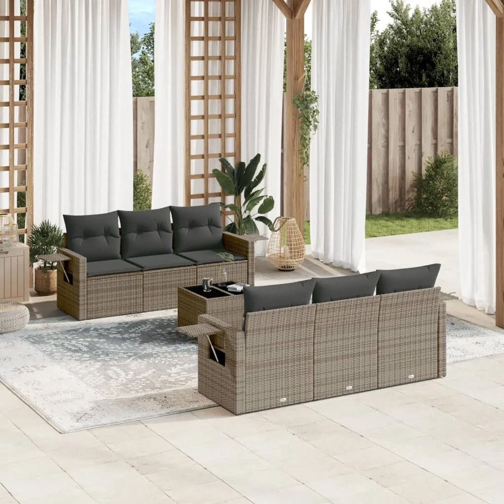 7 pcs conjunto sofás p/ jardim c/ almofadões vime PE cinzento