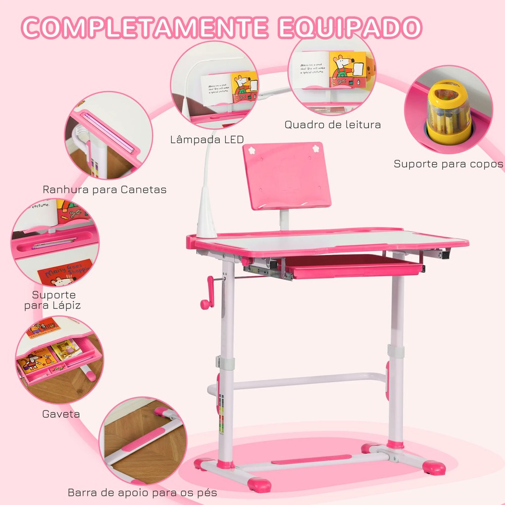 HOMCOM Conjunto de Secretária e Cadeira para Crianças acima de 3 Anos Secretária Infantil com Altura Ajustável Mesa Inclinável Gaveta Lâmpada LED e Suporte para Lápis 80x49,5x80-105cm e 36x34x60-73cm Rosa