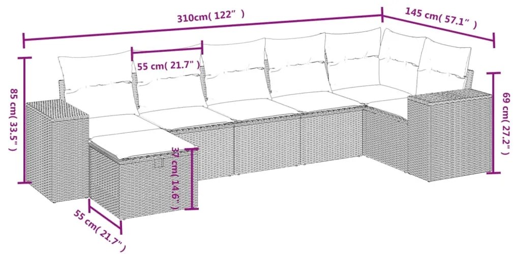 7 pcs conjunto de sofás p/ jardim c/ almofadões vime PE preto