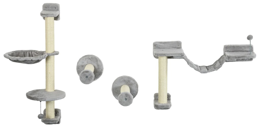 PawHut Prateleiras de Escalada para Gatos de Parede com Rede Plataformas Poste de Sisal e Escada 84,5x19x54 cm Cinza e Bege | Aosom Portugal
