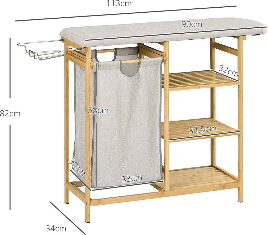 Cesto de Roupa Suja 57,4 L com Tábua de Passar Suporte para Ferro 3 Prateleiras e Bolsa Removível 113x34x82 cm Madeira e Cinza