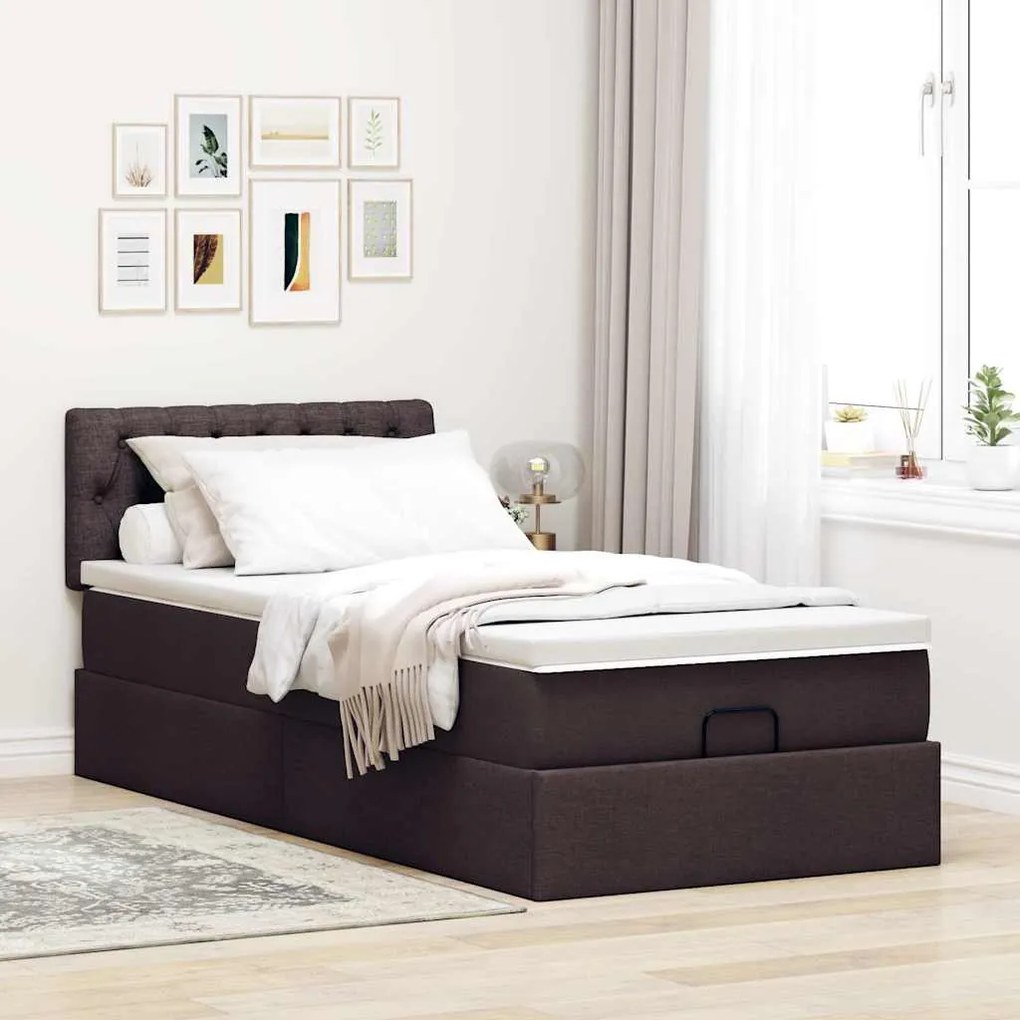 Cama otomana com colchão & LEDs 90x200cm tecido castanho escuro