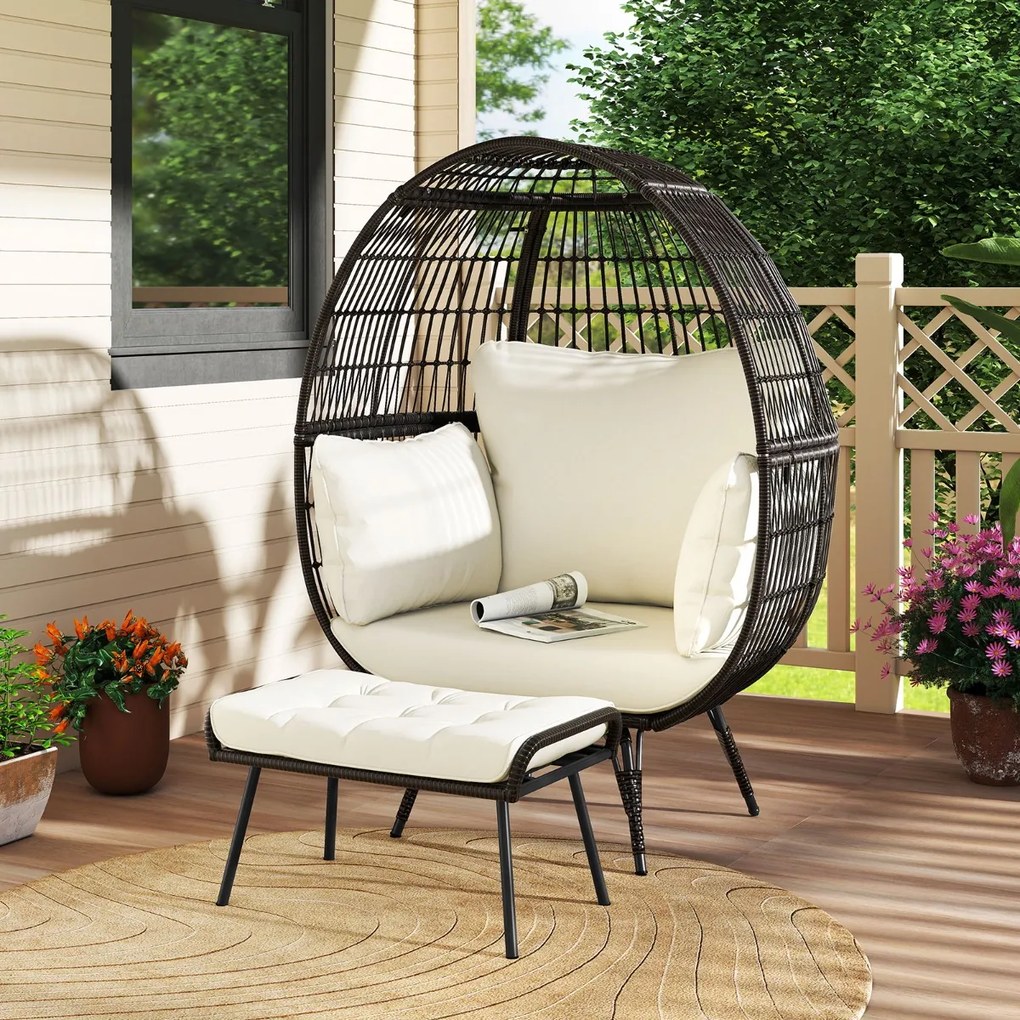 Conjunto de cadeira grande Jardim em forma de ovo com apoio para os pés em rattan PE com almofadas macias Castanho