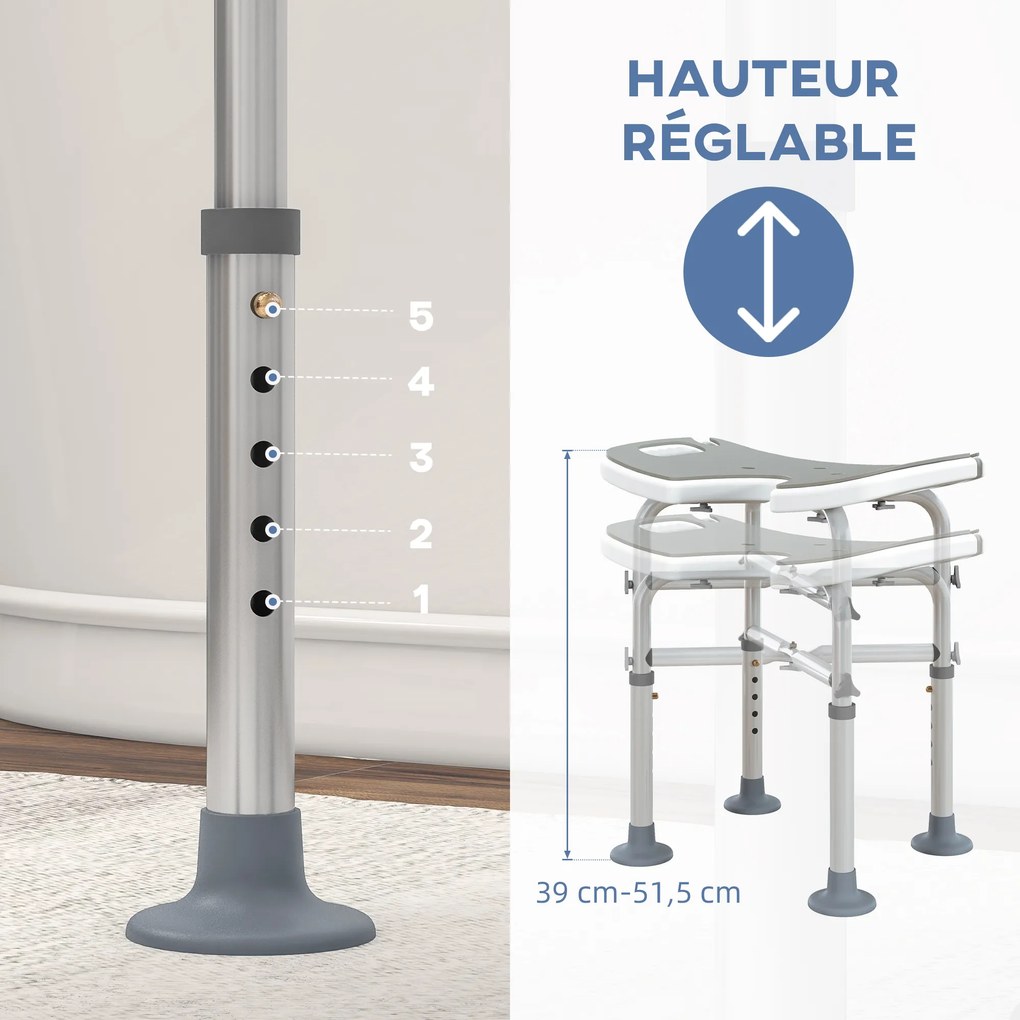 Banco de duche com assento, altura ajustável de 39 a 51,5 cm, barra de apoio com ventosas e patins com ventosas, cinzento