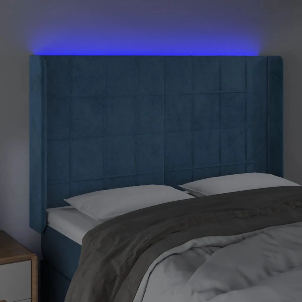 Cabeceira cama c/ luzes LED veludo 147x16x118/128cm azul-escuro