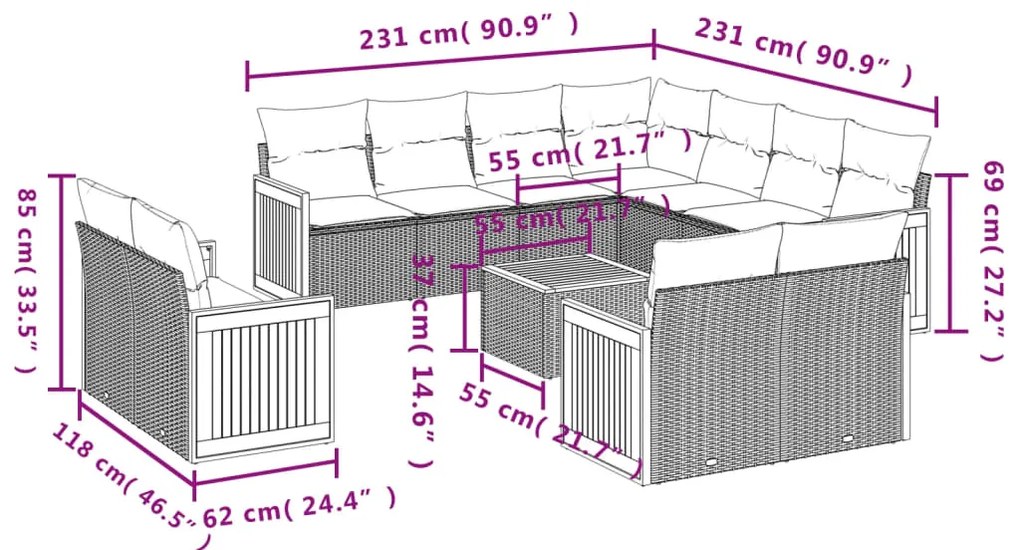 12 pcs conjunto de sofás p/ jardim com almofadões vime PE bege