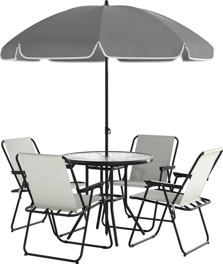 Conjunto de Mesa e Cadeiras de Jardim de 6 Peças com 4 Cadeiras Dobráveis Mesa de Vidro e Chapéu de Sol Creme