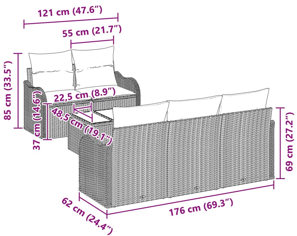 Conjunto de Sofá de Jardim VidaXL com Almofadas Cinza Claro Rattan Pol
