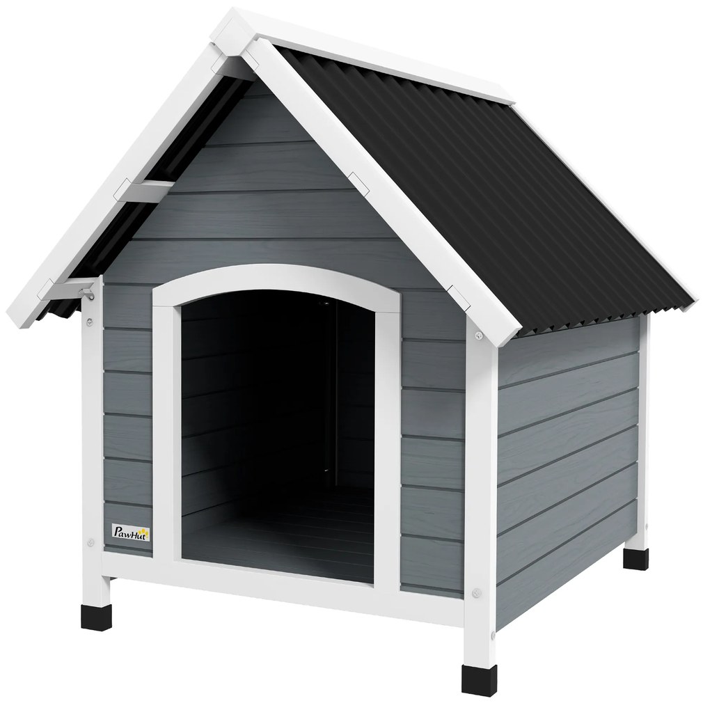 PawHut Casota para Cães 75x88x82cm Casa para Cães com Telhado de Telhas de Imitação Pés Elevados e Chão Removível para Exterior Cinza | Aosom Portugal