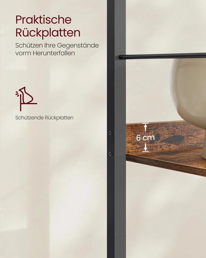 Estante com 6 prateleiras e painéis traseiros em design industrial 30 x 60 x 178 cm Castanho vintage + Preto