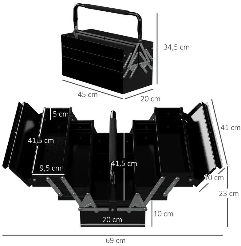 Caixa de Ferramentas de Aço Dobrável com 5 Compartimentos Mala de Ferramentas com Pega para Oficina e Casa 45x20x34,5 cm Preto