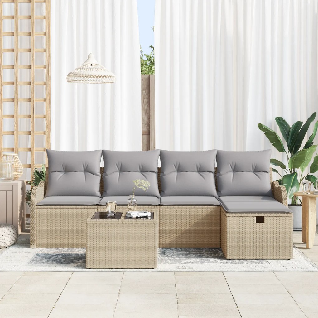 Conjunto de Sofá de Jardim de 6 Peças com Almofadas Bege Rattan, Sofá