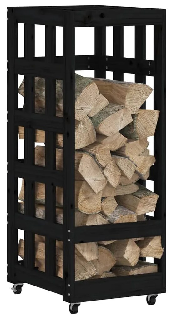 Suporte de lenha c/ rodas 40x49x110 cm pinho maciço preto