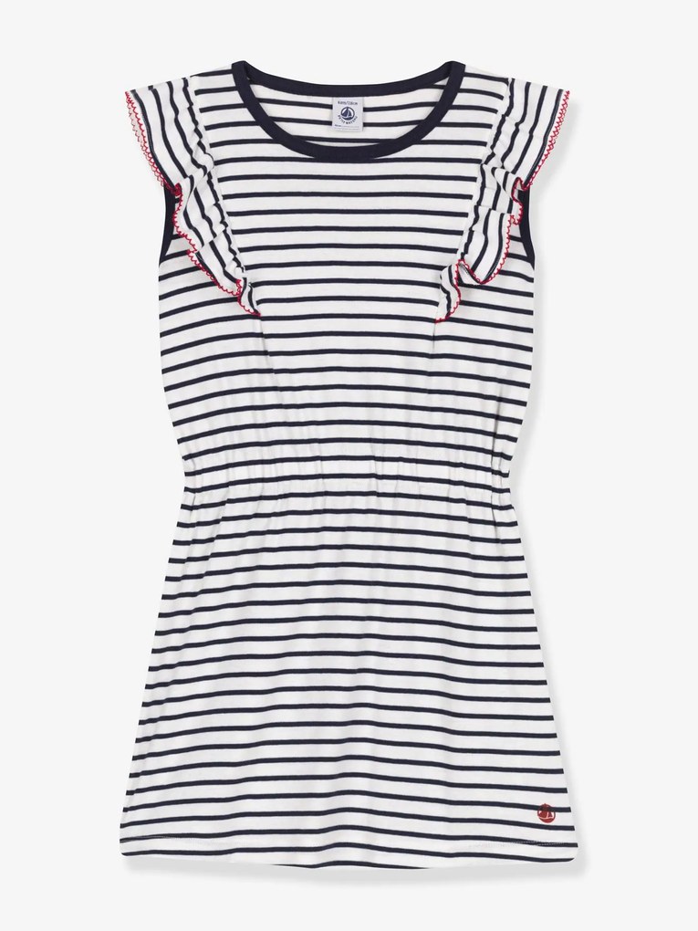 Vestido às riscas, em algodão, para criança, Petit Bateau marinho