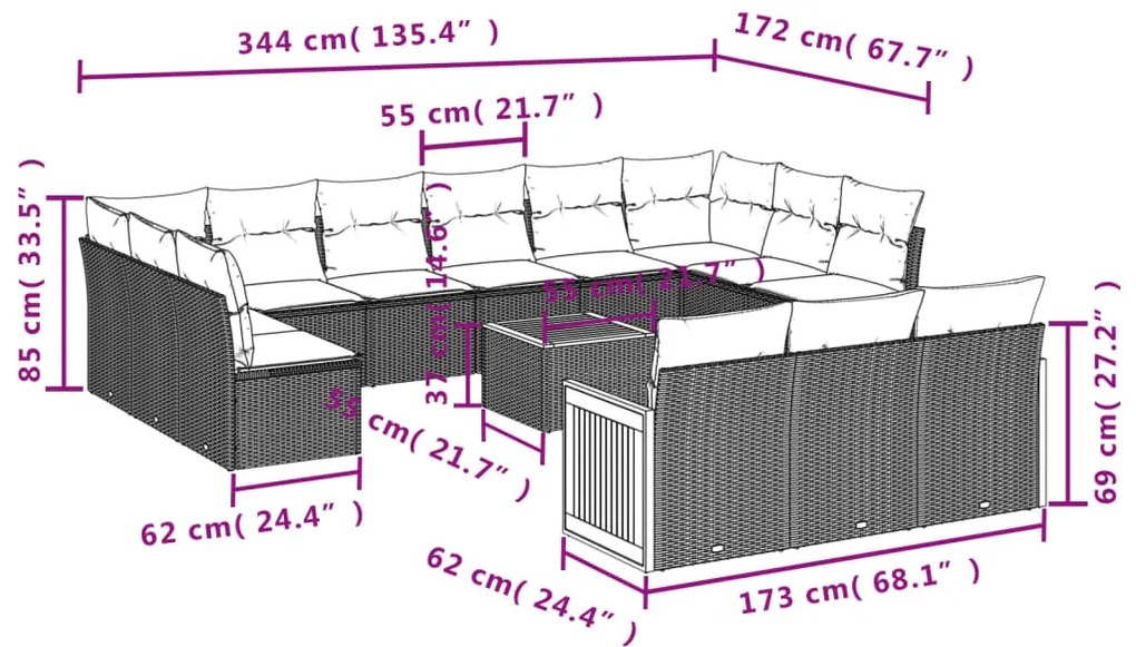 14 pcs conjunto de sofás p/ jardim com almofadões vime PE bege