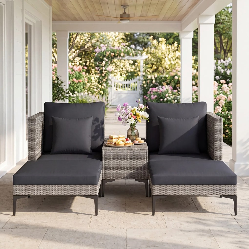 Conjunto jardim de rattan para exterior de 5 peças com mesa auxiliar, 2 sofás, 2 apoios para os pés, almofadas e travesseiros macios, modular, para pá