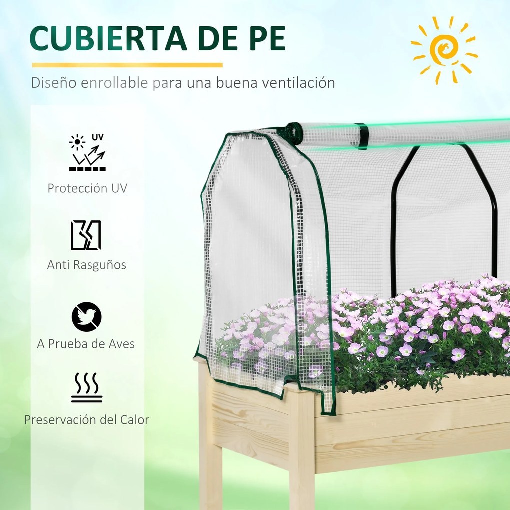 Horta Vertical Elevada de Madeira 121x55x117cm com Cobertura de Proteç