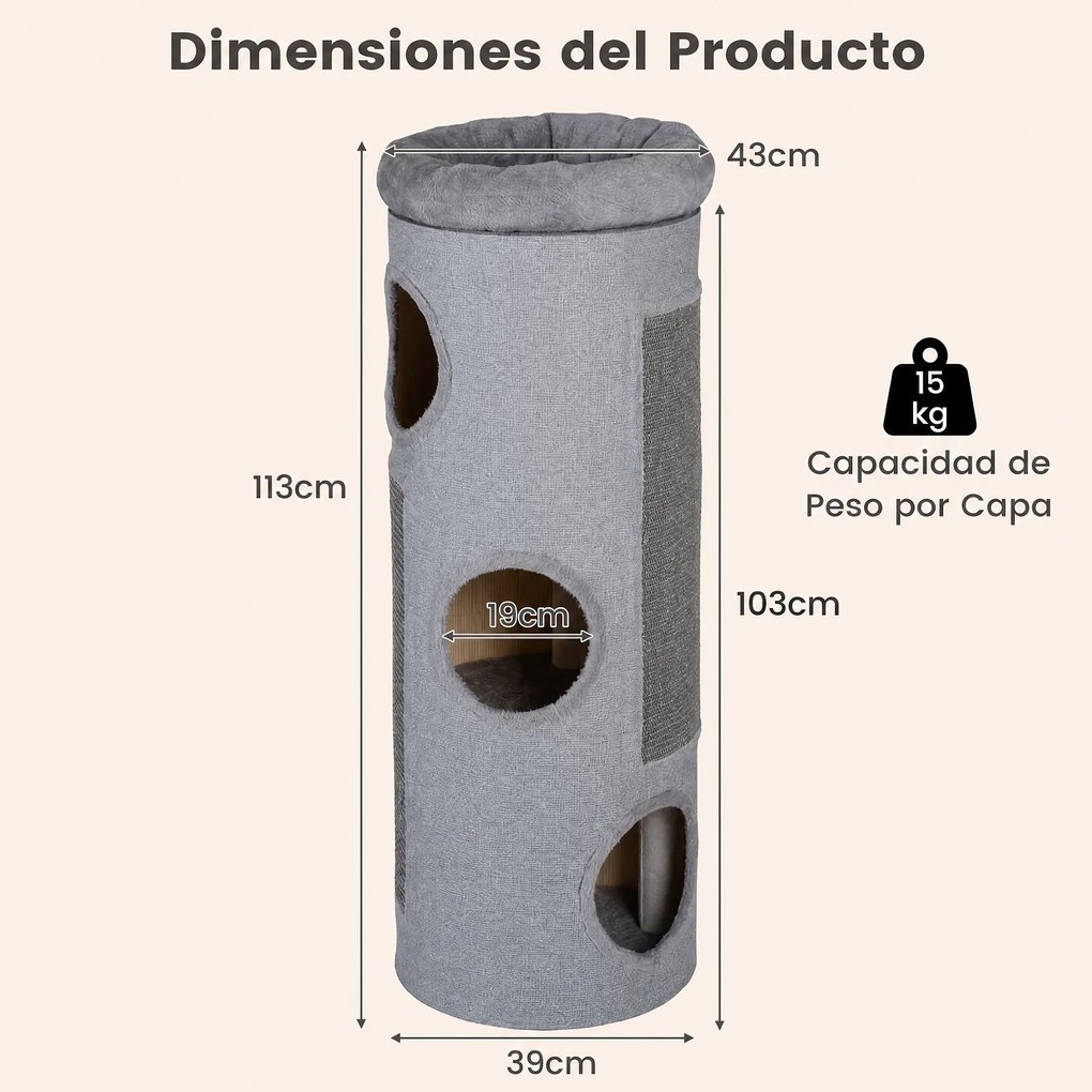 Arranhador para Gatos, 43 x 43 x 113 cm, Com 3 Grutas, Cinzento-claro