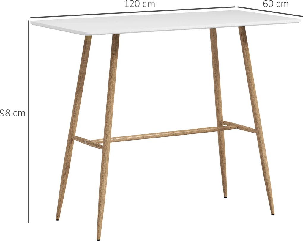 Mesa de bar retangular para 4 pessoas 120 x 60 x 98 cm (BANCOS NÃO INCLUIDOS), com pés em aço com efeito de madeira, montagem fácil, branca