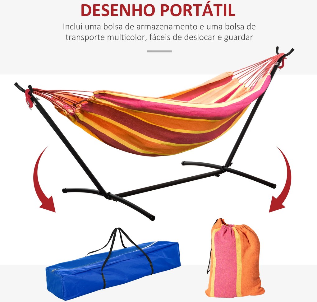 Rede descanso jardim com Suporte 310x117 cm com Bolsa de Transporte Altura Ajustável Capacidade 120 kg para Campismo Laranja