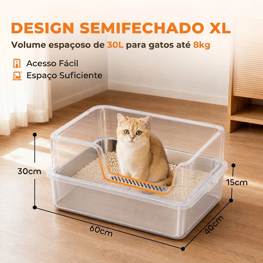 Caixa de Areia XL para Gatos em Aço Inoxidável com Rebordo Alto Pá Escova e Gancho Cinza Claro