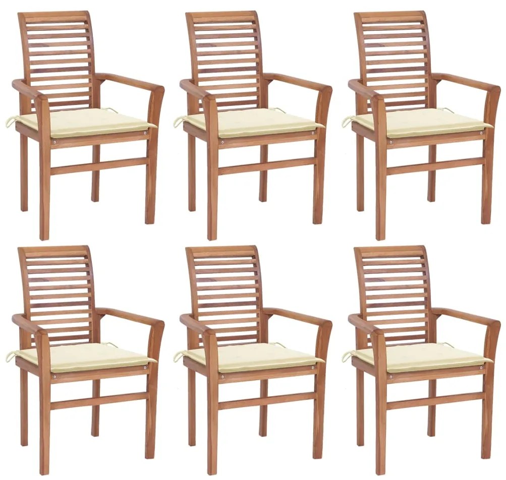 Cadeiras de jantar c/ almofadões cor creme 6 pcs teca maciça