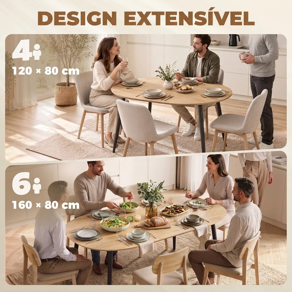 Mesa de Jantar Extensível Oval para 4-6 Pessoas (CADEIRAS NÃO INCLUIDAS) com Pés de Ferro e Bordos Arredondados, cor Carvalho