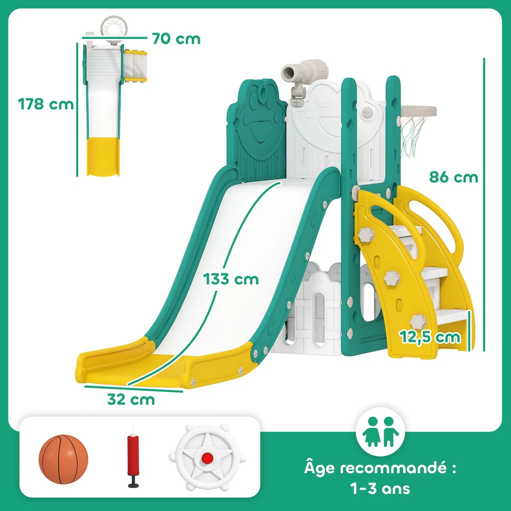 Escorrega para crianças pequenas 178 x 70 x 86 cm Escorrega 5 em 1 independente para crianças com cesto de basquetebol e telescópio, amarelo