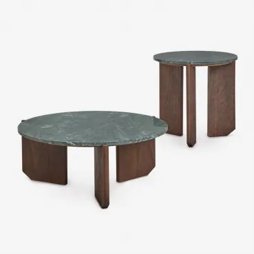 Conjunto De 2 Mesas De Centro Redondas Em Pedra Natural E Madeira De Mangueira Lavinia Mármore Verde Udaipur & Madeira De Cabo Escuro - Sklum
