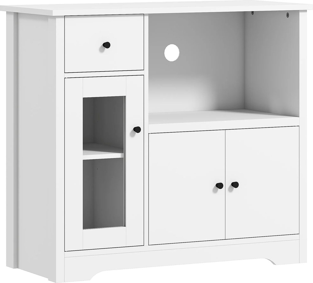 HOMCOM Armário de cozinha com orifício para cabos, cômoda com 2 armários, compartimento aberto, gaveta, 80 x 35 x 72,2 cm, painel de partículas, branco | Aosom Portugal