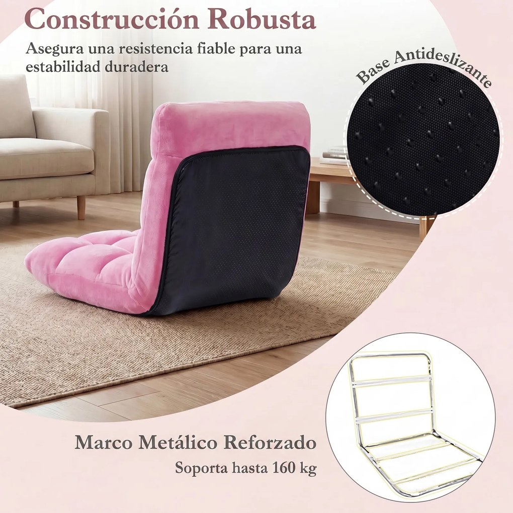 Cadeira de Chão Dobrável, 104 x 53 x 15 cm, Encosto Ajustável em 14 Posições, Rosa
