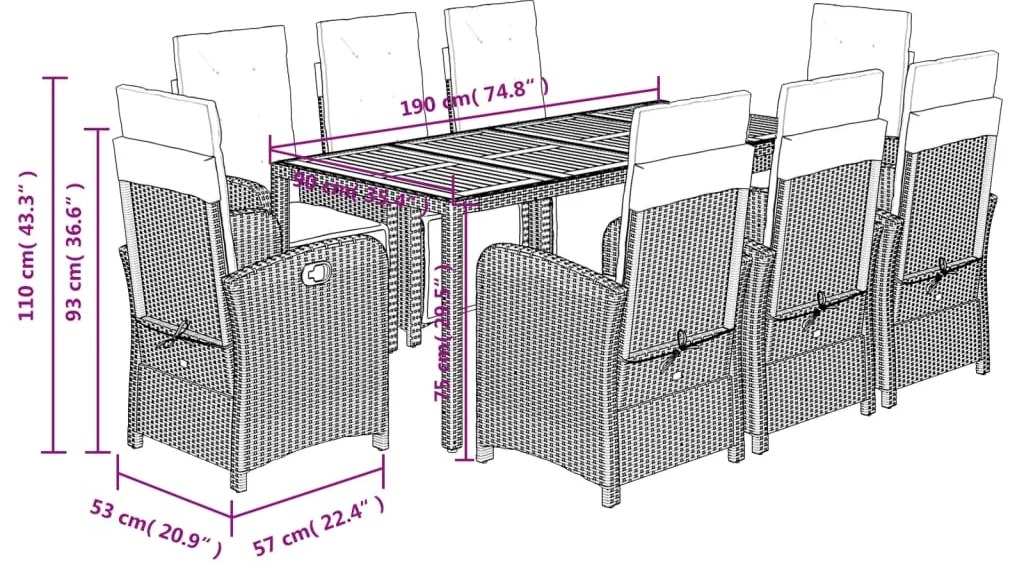 9 pcs conjunto de jantar p/ jardim c/ almofadões vime PE preto