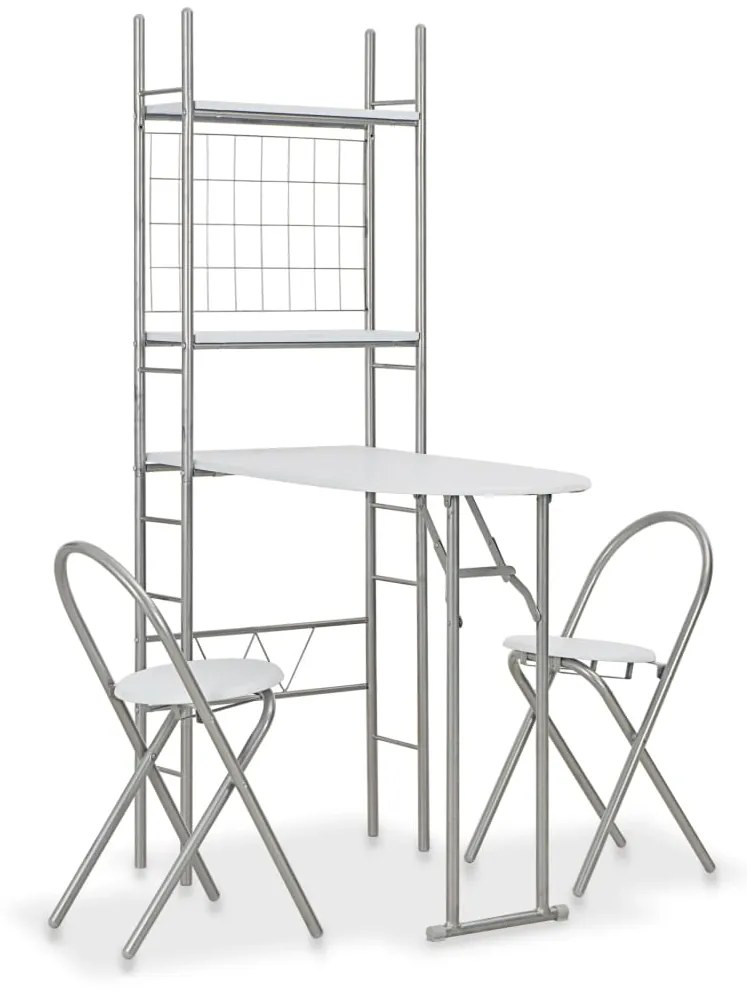 vidaXL 3 pcs conjunto jantar dobrável com prateleira MDF e aço branco