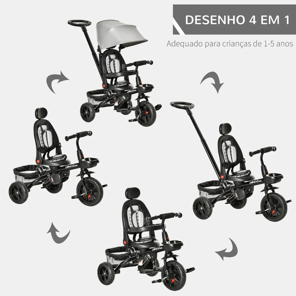 Triciclo Infantil 4 em 1 Bicicleta para Crianças 1-5 Anos com Assento Giratório Capô Ajustável Guidão de Empurre e Apoio para os Pés Dobrável 111,5x52