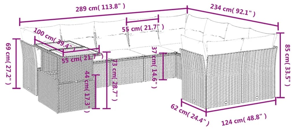 10 pcs conjunto sofás de jardim c/ almofadões vime PE cinzento