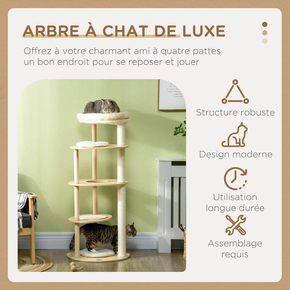 Arranhador para gatos com arranhador, postes de sisal, almofada removível, plataforma de pelúcia e madeira, altura 123,5 cm, bege