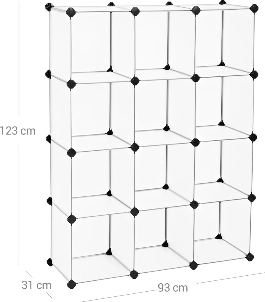 Armario de prateleiras de encaixe 12 cubos 93 x 31 x 123 cm Branco semi-transparente