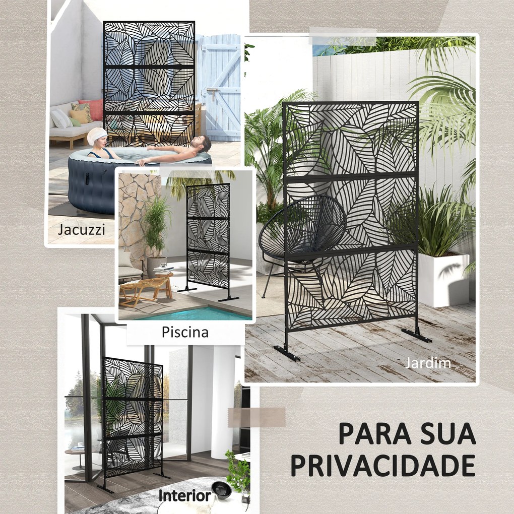 Biombo de 3 Painéis 122x198 cm Biombo Separador de Ambientes com Suporte Design de Folhas Grandes Preto